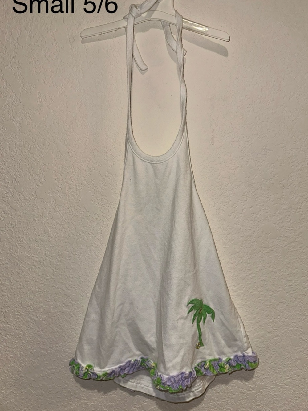 Kelly’s Kids White Halter Shirt/Dress with Palm Embroidery and ruffle bottom 5/6